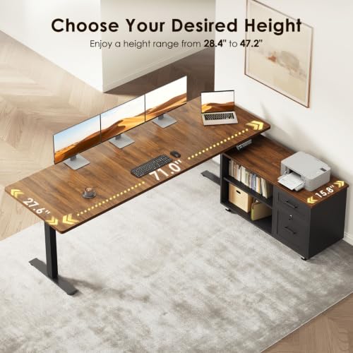 Image of OffiGo 71 inch L Shaped Electric Standing Desk with Cabinet Sets, Walnut /Black