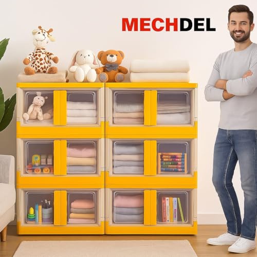 Image of MECHDEL Wardrobe Organizer for Storage /Polypropylene Foldable & Stackable Closet Basket /Cupboard Organizer for Clothes /Mounted Closet Systems (STORAGE BIN-ORANGE, 3PCS)