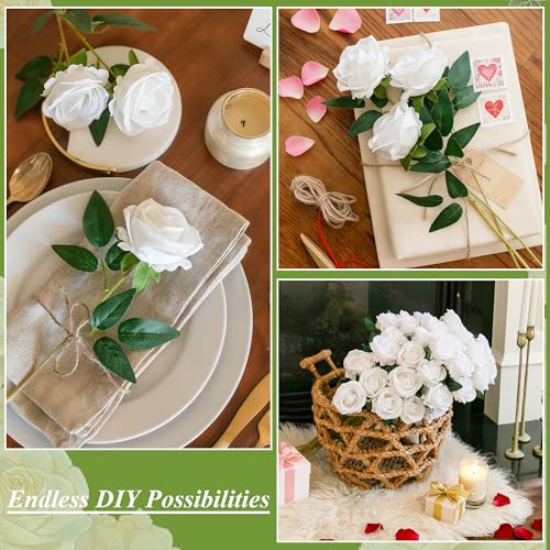 Image of HyeFlora 50 PCS White Roses Artificial Flowers, Fake Roses with Stems Realistic Silk Roses for DIY Wedding Bouquets Tables Centerpieces Arrangements Party Baby Shower Birthday Home Decor Gift for Her