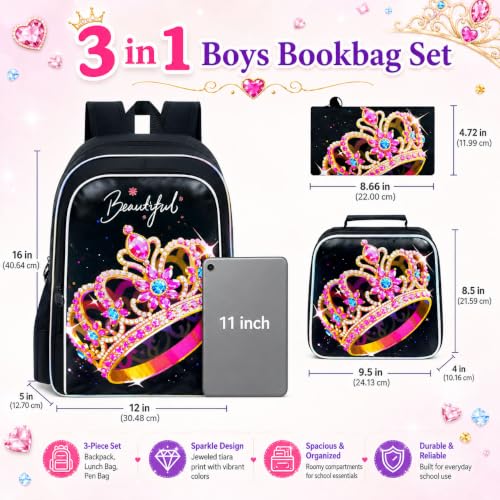 Image of CCJPX 3Pcs Backpack for Girls, 16 inch Kids Crown Bookbag with Lunch Box, Water Resistant Elementary School Bag for Kindergarten Preschool Toddler (Black)