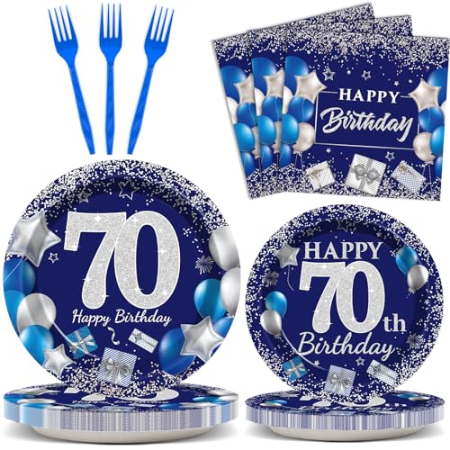 96 Pcs 70th Birthday Party Supplies Navy Blue and Silver Birthday Plates 70th Birthday Paper Tableware Happy Birthday Party Plates and Napkins Forks Blue Birthday Table Decorations for 24 Guests