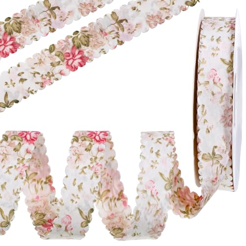 20 Yards Flower Print Ribbon White Spring Ribbon Summer Floral Pattern Ribbons Vintage Flower Craft Ribbons with Wavy Edge for Gift Wrapping Bouquets Party Sewing Making DIY Crafts Decorative