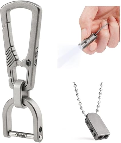 KeyUnity KM17SW Titanium EDC Carabiner Keychain Clip with D Ring, KA25 Titanium EDC Whistle & KF00 Mini Flashlight Bundle