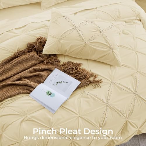 Image of Sasttie King Size Comforter Set, 7-Piece Bed in a Bag, Pintuck Bedding Set for All Season, Includes Comforter, Flat Sheet, Fitted Sheet, Pillowcases and Pillowshams, Pale Yellow