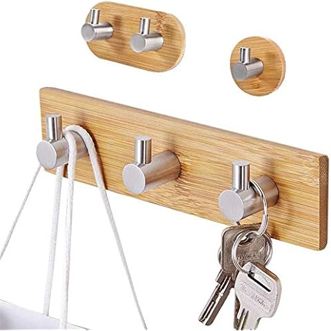 Hica Adhesive Hooks Wood,3 Packs Adhesive Towel Coat Hooks Bamboo Stainless Steel Hooks Hanger for Bathroom Kitchen Bedroom Cover