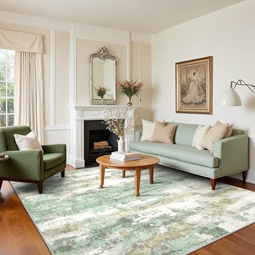 Area Rugs 3x5 for Living Room Bedroom, Modern Abstract Machine Washable Light Green Rug Soft Rug, Low Pile Floor Carpet with Non Slip Backing for Entryway