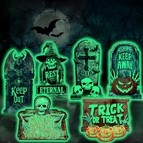 Pourbibi Outdoor Halloween Decorations 6 PCS FluorescerntTombstones Halloween Garden Tombstone Graveyard Decorations