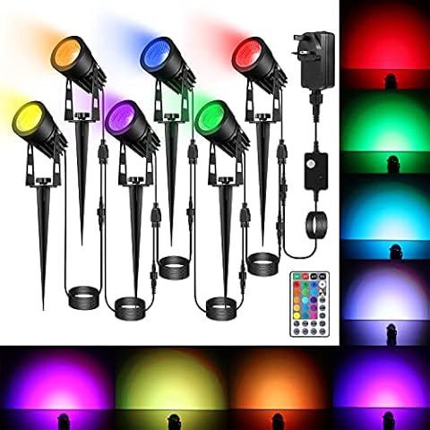 B-right Garden Spike Lights, RGB Garden Lights Mains Powered with Remote 12V Low Voltage Lanscape Spotlights IP65 Waterproof Garden Spot Light for Tree Lawn Fence Shrubs, 6 Pack Cover