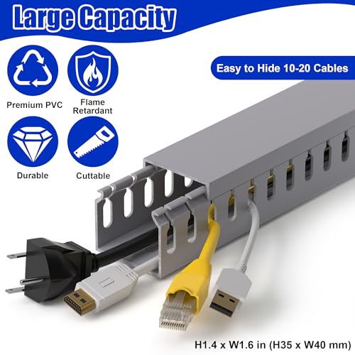 Image of 1.4 inchH x 1.6 inchW Cable Raceway, 12ft Under Desk Wire Management Channel, Grey | Slotted Wire Duct, 4 Pack (3 ft Each), Heavy-Duty PVC Cable Management for Server Racks, Network Cables & Electrical Cabinets