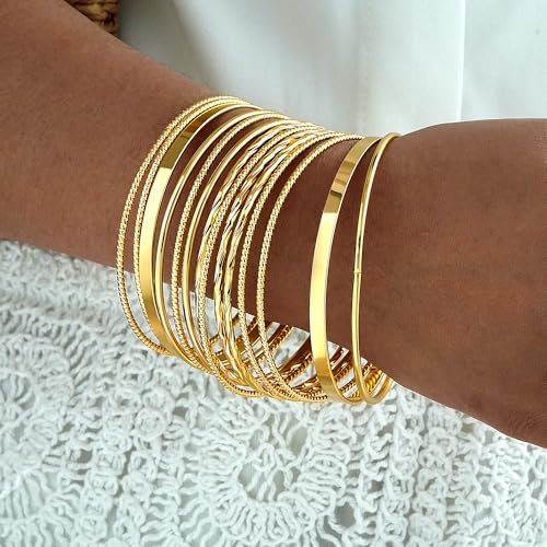 Image of IF ME Gold Bangle Bracelets for Women, Indian Bangles Stackable Set, Multi Layer Textured 18K Gold Plated Chunky Bracelets Boho Jewelrys Set