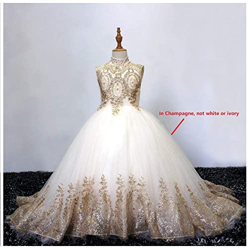 Gold Lace Flower Girls Pageant Dresses Long Puffy Prom Tulle Ball Gown2