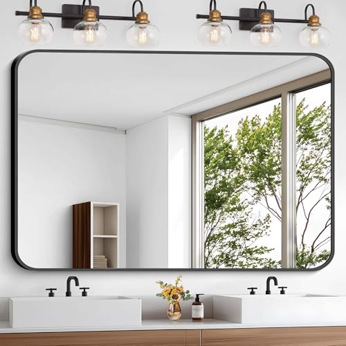 Image of Bathroom Mirror, 48x36 inch Black Rectangle Wall Mirror, Metal Frame Rounded Corner Vanity Mirror, Large Wall Mounted Mirror for Over Sink Bedroom Living Room Horizontal Or Vertical Mounting
