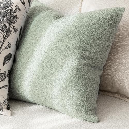 Image of Foindtower Pack of 2, Curly Faux Fur Decorative Throw Pillow Covers Soft Fuzzy Plush Cushion Case with Zipper Cozy Pillowcase for Home Living Room Couch Bed Sofa 18 x 18 Inch, Sage Green