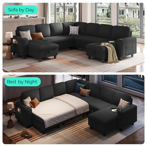 Image of LINSY HOME Sectional Sleeper Sofa with Pull Out Couch Bed - Convertible Plush Corduroy Cloud Couches with Storage Chaise & USB Charging, Comfy Modular Couch for Living Room, Black