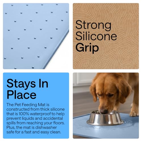 Image of GORILLA GRIP 100% Waterproof Raised Edge BPA Free Silicone Pet Feeding Mat, Dog Cat Food Mats Contain Spills Protects Floors, Placemats for Cats and Dogs Water Bowl, Pets Accessories 16x10, Blue
