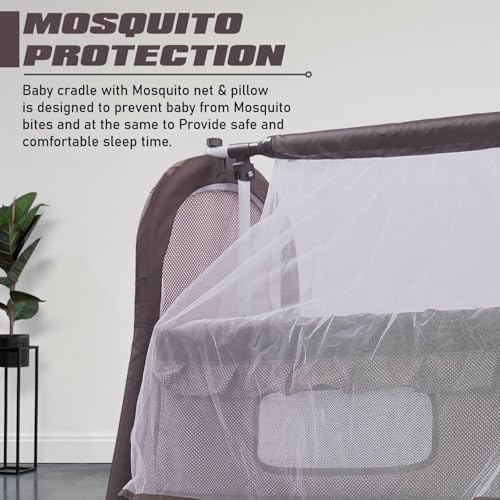 Image of PANDAORIGINALS Jumbo Baby Cradle|Soft Cushion Baby Jhula /Paalna Cute cot with Mosquito Net for 0-9 Months Boys and Girls Super Strong Soft Cushion and Swing Lock Function (Royal Brown)