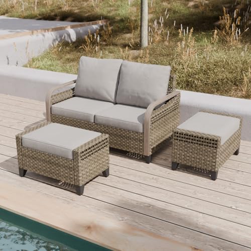 COOS BAY Modern Wicker Outdoor Furniture Set, Patio Conversation Set with 2 Seat Loveseat, and Ottomans, 3 Piece, Brown/Gray