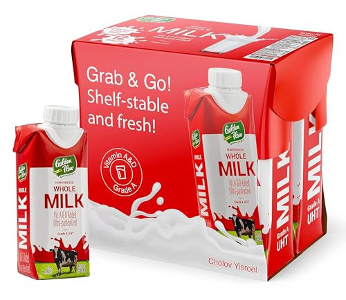 Golden Flow Shelf-Stable Whole Milk - Grade A UHT 8 oz Boxes, Fortified with Vitamin A & D, No Refrig Needed - Kosher Cholov Yisroel & Kosher for Passover (KFP) - Travel & Lunchbox Friendly - 24 Pack