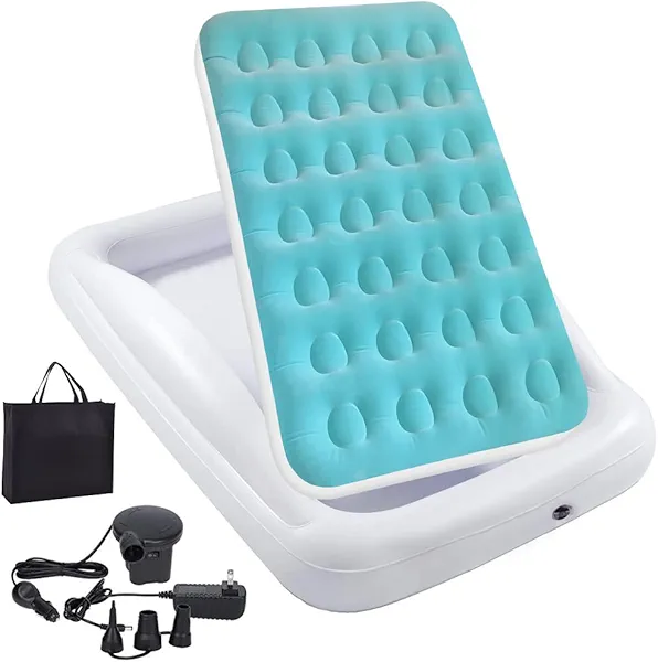 Inflatable Kids Travel Bed Toddler Air Mattress Set,Portable Blow Up Mattress Sleeping Bed Cot with Bed Rails and Electric Pump Ideal for Road Trip