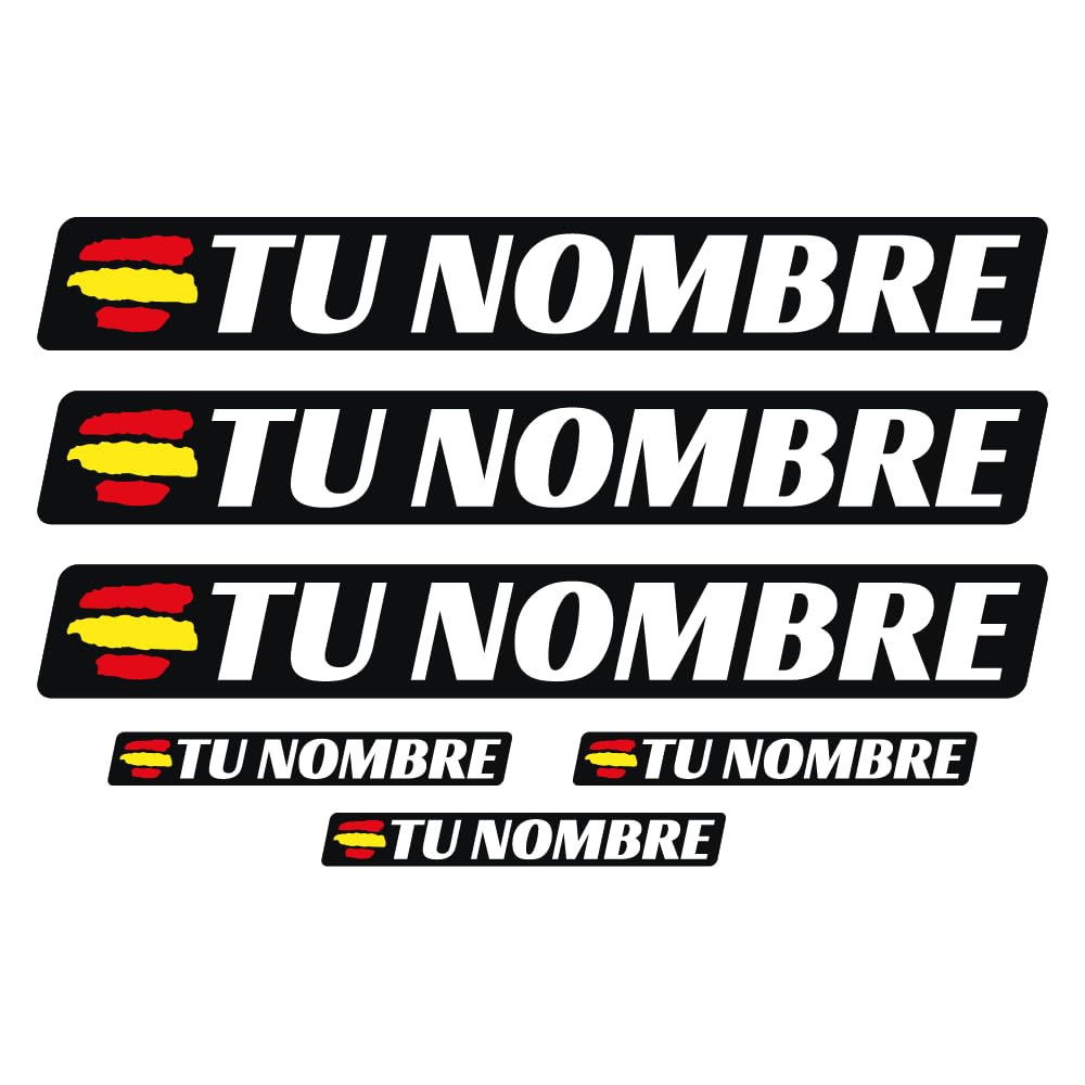 6 x Pegatina Personalizada Bandera España Nombre Vinilo. Adhesivo Impermeable para Bici Moto Casco Botella. Sticker Resistente Personalizable para Superficies Lisas Interiores y Exteriores
