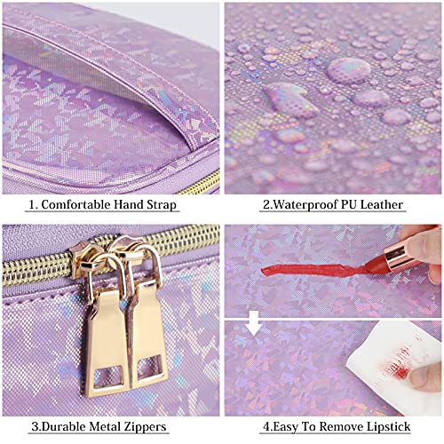 Lubardy Makeup Bag Leather Cosmetic Bag Waterproof Makeup Pouch Portable Makeup Travel Bag Multifunctional Cosmetic Organizer Bag For Women Girls, 3-Pack, Purple #TOP2