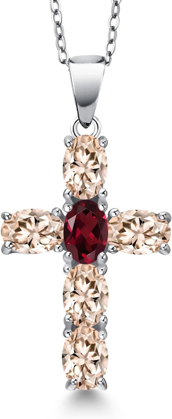 Gem Stone King 925 Sterling Silver Peach Morganite and Red Rhodolite Garnet Cross Pendant Necklace for Women | 3.00 Cttw | Gemstone October Birthstone | Oval 6X4MM | With 18 Inch Chain