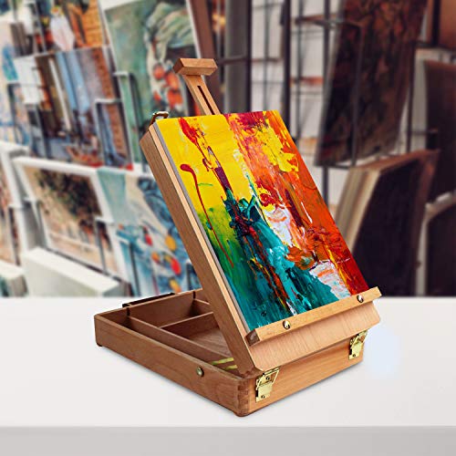 Kurtzy Atriles para Pintar y Dibujar Portátil de Madera de Haya Sobremesa con Caja de Almacenaje – Puede Contener Lienzos de Hasta 30 cm - Caballete Mesa Escritorio Estudiantes Principiantes