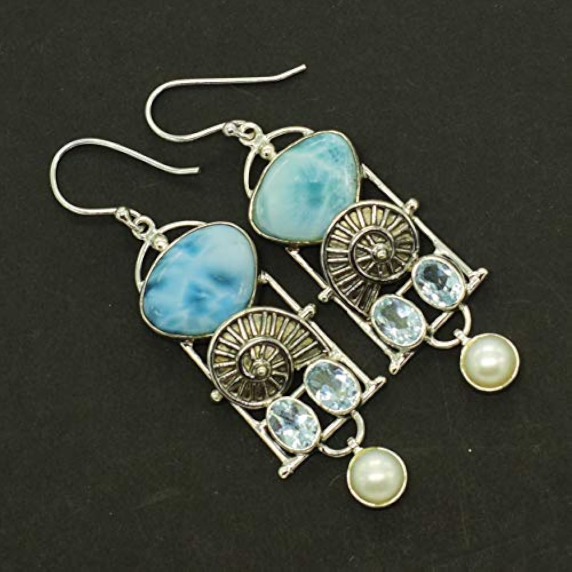 Women's Larimar, Blue Topaz & Pearl Dangle Earrings, Handmade Gift