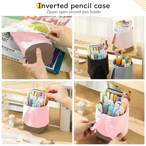 Image of iSuperb Standing Pencil Case Large Pencil Pouch Pen Holder Makeup Cosmetics Bag for Women Office (Pink)