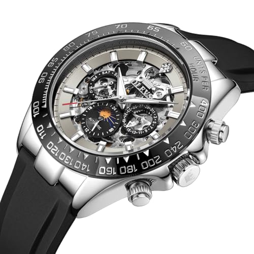 Image of OLEVS Self Winding Watches for Men Automatic Mechanical Skeleton Luxury Dress Waterproof Moon Phase Tourbillon Chronograph Stainless Steel Luminous Wristwatch