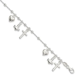 Pulseira de prata esterlina 925 com extensão de 2,5 cm cruz religiosa coração elo náutico âncora roda de navio marinheiros 6 contas de amor joias finas para mulheres presentes para ela, 1 inch, Prata esterlina