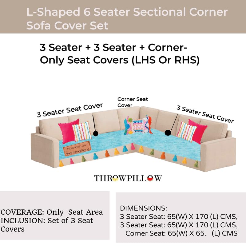 Image of WWW.THROWPILLOW.IN L Shape Sofa Cover 7 Seater- Blue Sofa Cover for L-Shaped Sofa-3 Seater+3 Seater+Corner,7 Seater L Shape Corner Sofa Cover Throw with Tassels, Coverage: 3 Sofa Seat Covers