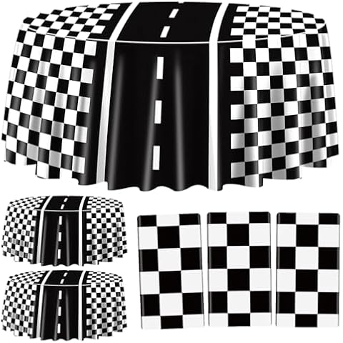 PIXHOTUL Racing Car Tablecloths for Round Table, Plastic Black Racetrack Tablecover for Kid's Birthday Racing Car Theme Party Fast One Two Fast Party, 84 x 84in (3) Cover