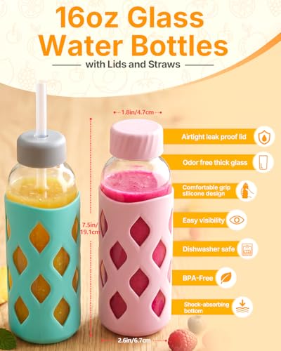 Image of Zukro 16 oz Glass Water Bottles with Protective Silicone Sleeve 6 Pack | Leak Proof Stainless Steel Lids, Non-Slip Reusable Clear Juice Bottle for Juicing, Smoothie, Dishwasher Safe, BPA Free