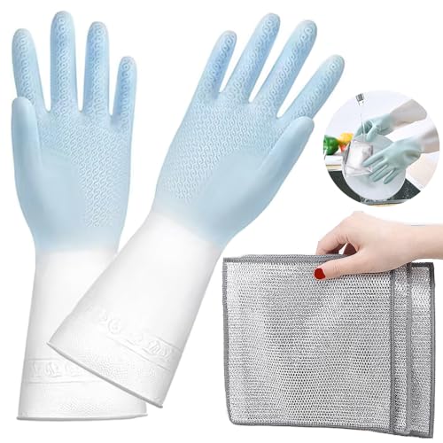 [MENGGF] ノンスリップ 樹脂掃除用手袋 ペア 防水手袋 ロング ゴム手袋 作業 洗い用手袋 クリーニンググローブ 洗車 洗浄 洗濯 園芸 ペットケア 多用途 追加 シルバー  メッシュ クロス 傷を着けずに かきとる 20×20cm 3枚