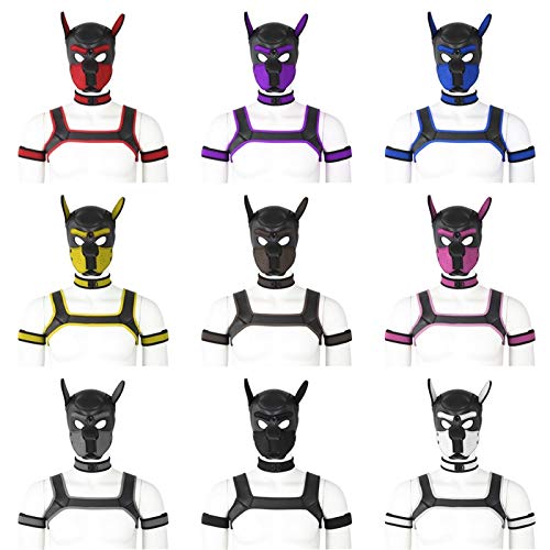 YiQin RWSX Weiche Latex-Hundemaske mit Ohren, Welpenmaske für Cosplay-Party-Maskerade Set (Maske, Halsband, Armbinde, Riemen) (Color : Yellow, Size : X-Large)