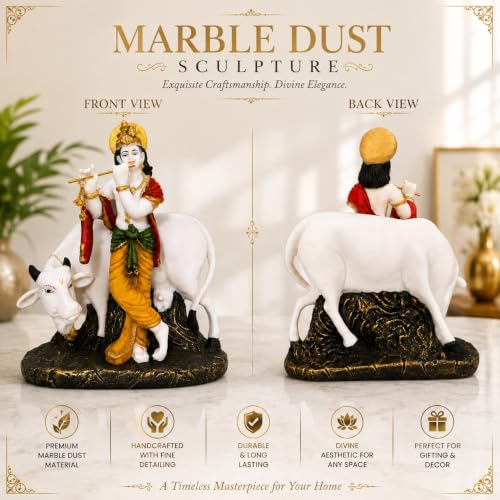 Image of ARMONIA Premium Radha Krishna Idol with Kamdhenu Cow | Marble Dust Radhe Krishna Murti Statue for Mandir, Living Room & Office Decor | Diwali, Janmashtami, Wedding & Housewarming Gift | 11 Inches