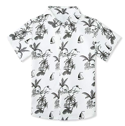 Big Boys Hawaiian Shirt Tropical Luau Ink Painting Button Down Dress Shirt Summer Sailboat Beach Aloha Short Sleeve Island Tee Size 13-14 for Vacation