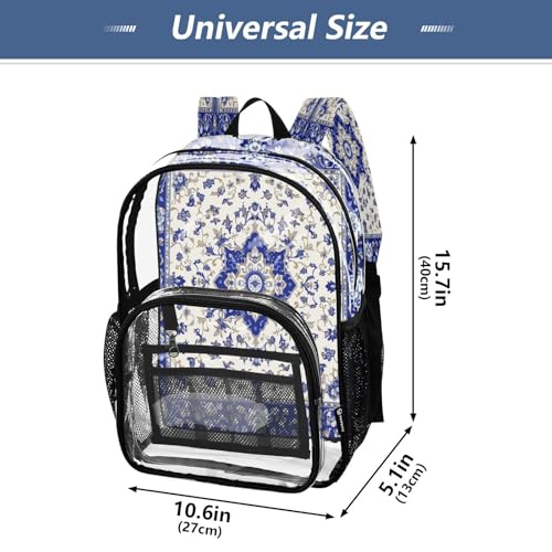 Blue and White Porcelain Foral Clear Backpack - Stadium Approved Large 15.7-inch Waterproof Transparent Bag for Sports, Concerts, Work, Travel#124