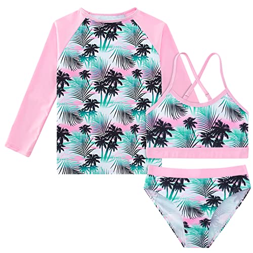 Girls Rash Guard 3-Piece Long Sleeve Swimsuit - Palm Tree Bikini Tankini Set Size 10-11 Pink - UPF 50+ UV Swim Shirts With Bottoms - Tropical Hawaiian Sunsuit