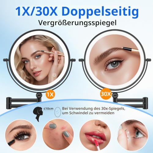 FUNTOUCH Kosmetikspiegel mit 1X/30X Vergrößerung, 5000mAh Wiederaufladbar – Ansicht 4
