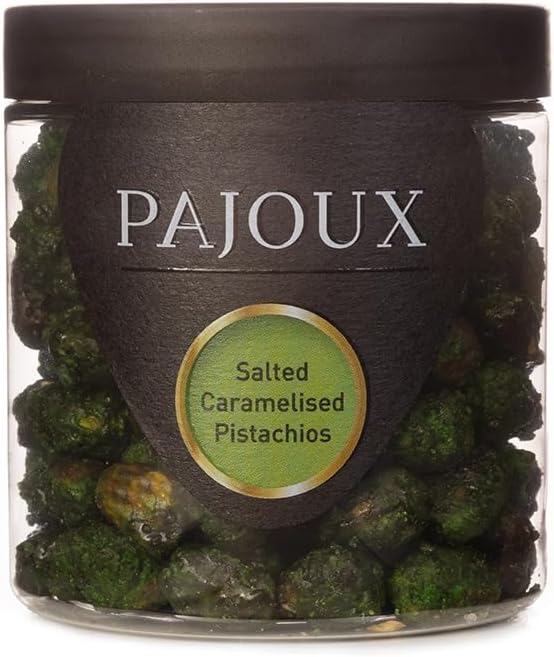 Pajoux Salted Caramelised Pistachios (Small) 140g | Honey Caramelised Pistachio Nuts - Whole Pistachio Nuts - Roasted Nuts - GMO Free - Nuts in a Gift Jar