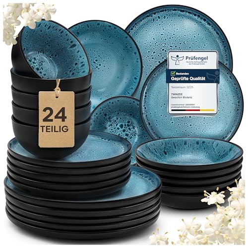 Twinzee Steingut Geschirrset 24-teilig für 6 Personen - Schüssel- und Teller Set - Tafelservice Mikrowellengeeignet aus Steinzeug - Riviera Kollektion 1