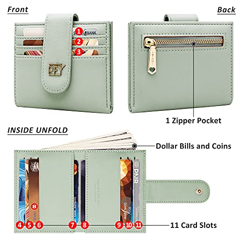 Image of Badiya Small Wallets for Women Bifold Multi Card Case Wallet Slim Credit Card Holder with Zipper Coin Purse, Light Green, one size, Minimalist