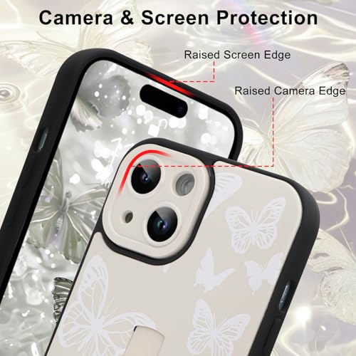 Image of for iPhone 15 Case with Finger Strap Holder, Cute Cool Butterfly Print Pattern Design for Women Men, Shockproof Anti Scratch Hand Kickstand Protective Cover, White