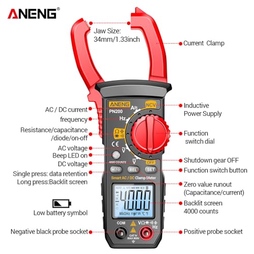 PN200 Medidor de pinza digital Multímetro 4000 conteos 600A DC/AC Amperímetro Probador de voltaje para autos Hz Capacitancia NCV Ohm y línea combinada miniatura 2