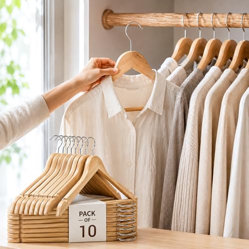 Image of Wooden Clothes Hangers Pack of 10, Natural Solid Wood Coat Hangers with Chrome Swivel Hook, Smooth Finish for Shirts, Suits, Dresses & Jackets, Space Saving Wardrobe Organizer (Light Brown)