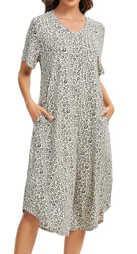 Image of Kabento Nightgowns for Women Cotton Short Sleeve Long Night Gowns with Pockets