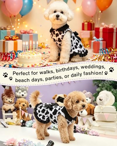 Image of CuteBone Cute Cow Print Pet Dress with Peter Pan Collar - Black & White Spot Pattern - Sleeveless Ruffled Skirt with Bow for Small Dogs, Cats - Adorable Daily & Play Wear