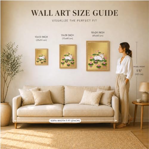 Image of Suneree Pichwai Radha Krishna Nandi Cow Gold Wall Art Painting | Set of 2 Framed Paintings | Traditional Indian Decor for Living Room Pooja Room Bedroom | (ART 8, 13x19 INCHES)